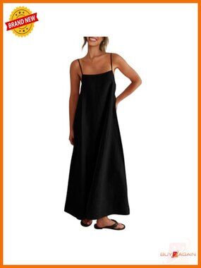 Linen Maxi Dress with Spaghetti Straps and Side Pockets